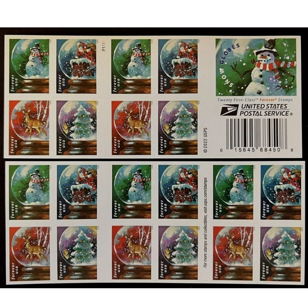 Snowglobe Christmas USPS Forever Stamps - 5 Booklets of 20 (100 total)